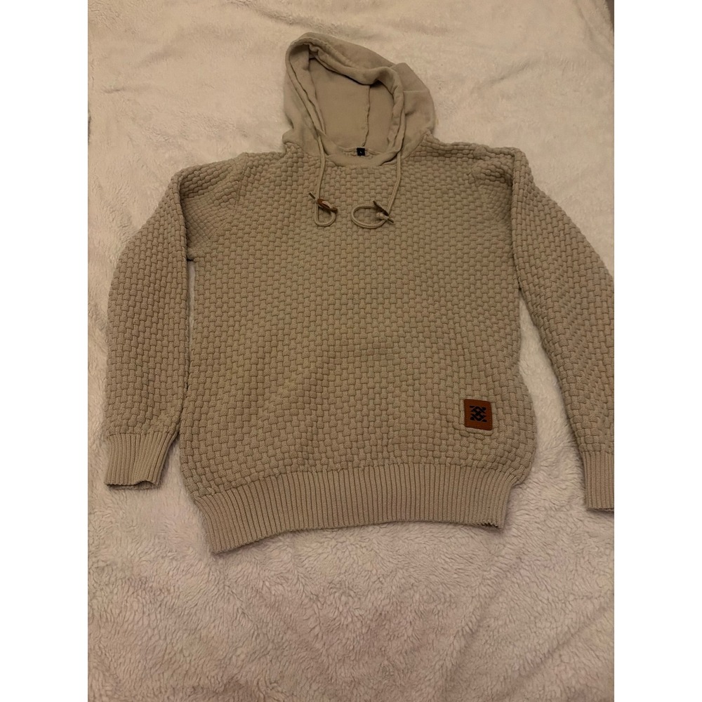 Minimalist Tan Textured Basketweave Knit Pullover Hoodie Beige Long Sleeve
